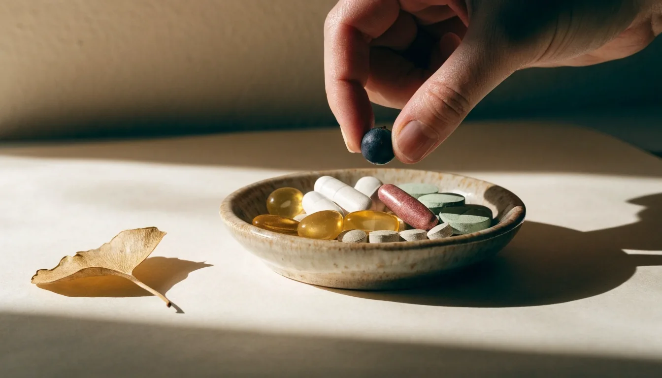 A dried botanical sample tray on a dark table beside a warm plaster wall, lit by low raking sunlight