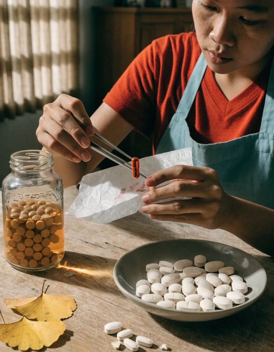 A shallow dish of tablets and dried leaves with small tongs in warm raking light