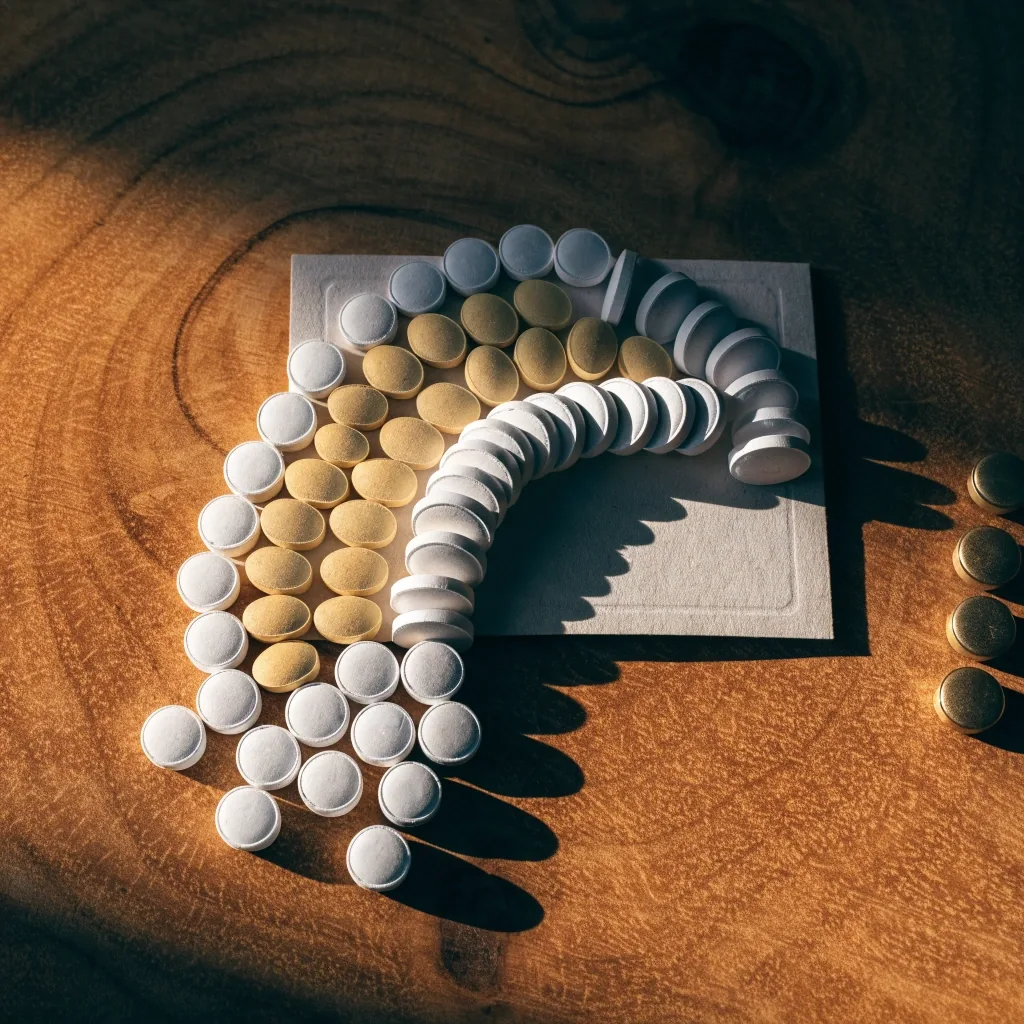A wide fan of small multivitamin tablets arranged across a bone paper sheet