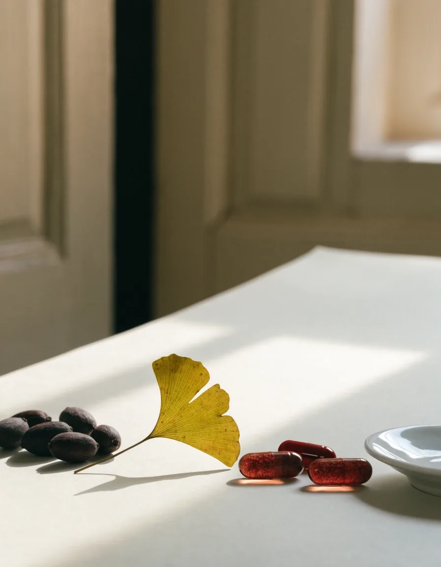 Saw palmetto berries, a pressed ginkgo leaf, and herbal extract capsules arranged on bone paper