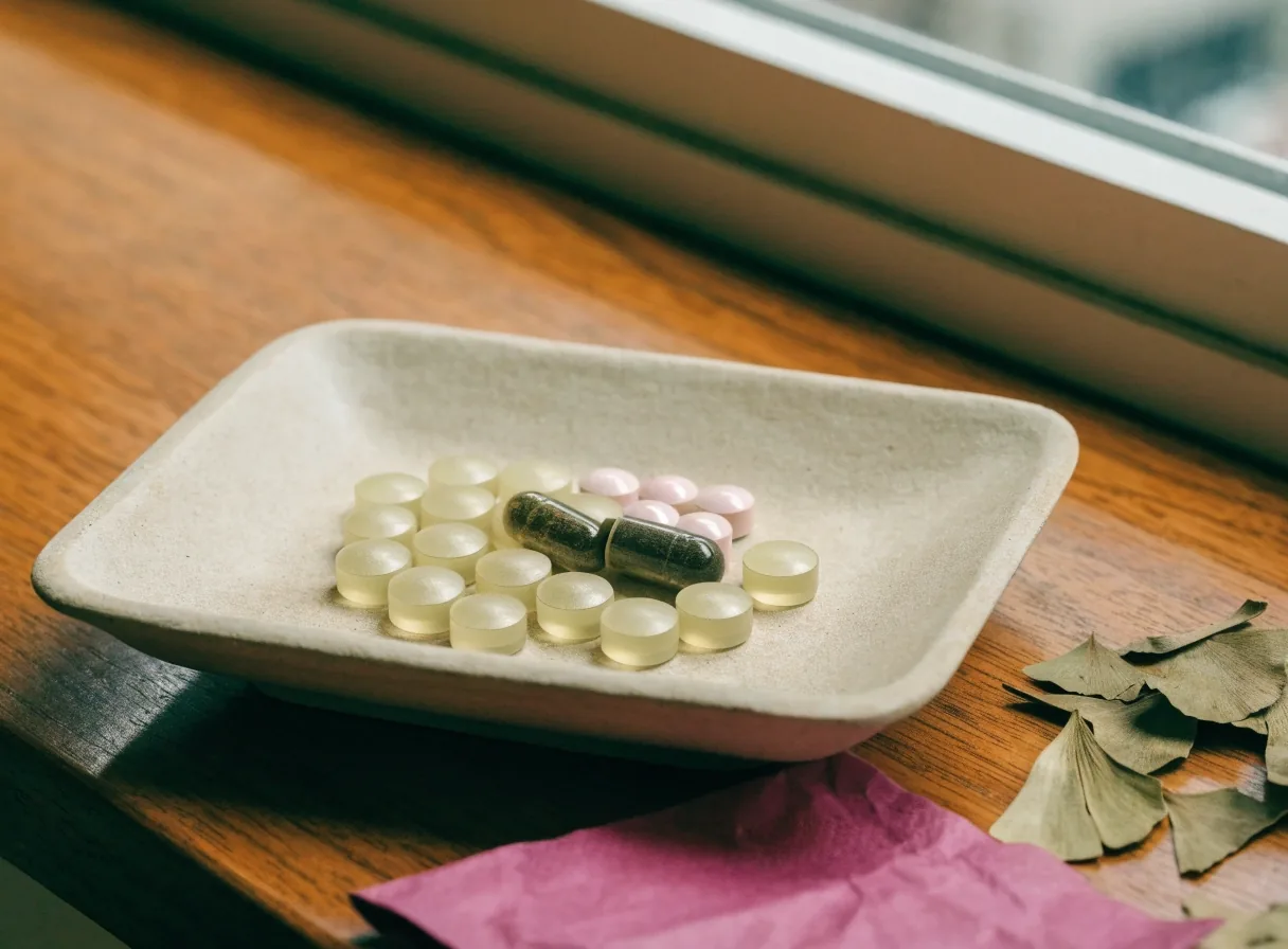 A shallow bone-paper dish of magnesium caplets and a broken herbal capsule beside dried ginkgo leaves and folded magenta paper