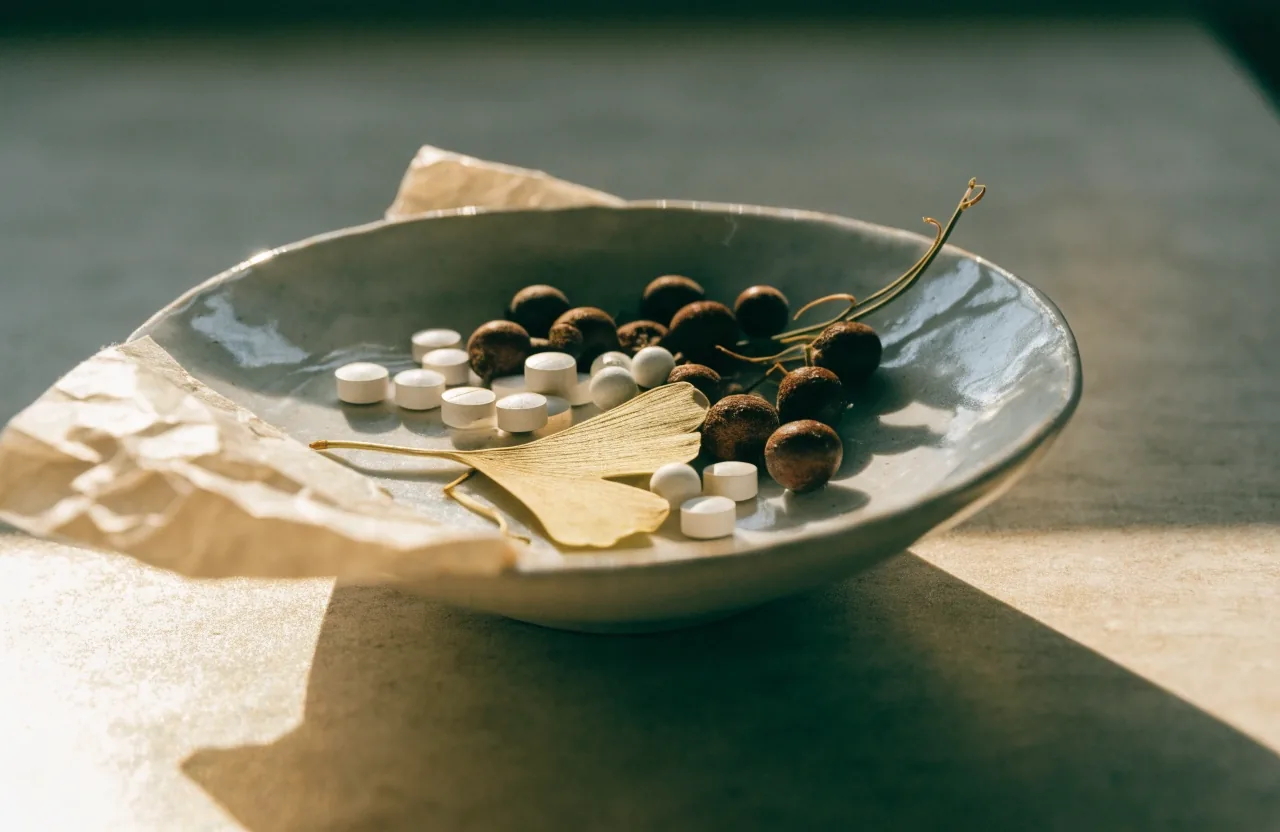 Shallow ceramic dish of dried botanical samples and folded bone paper on a matte counter