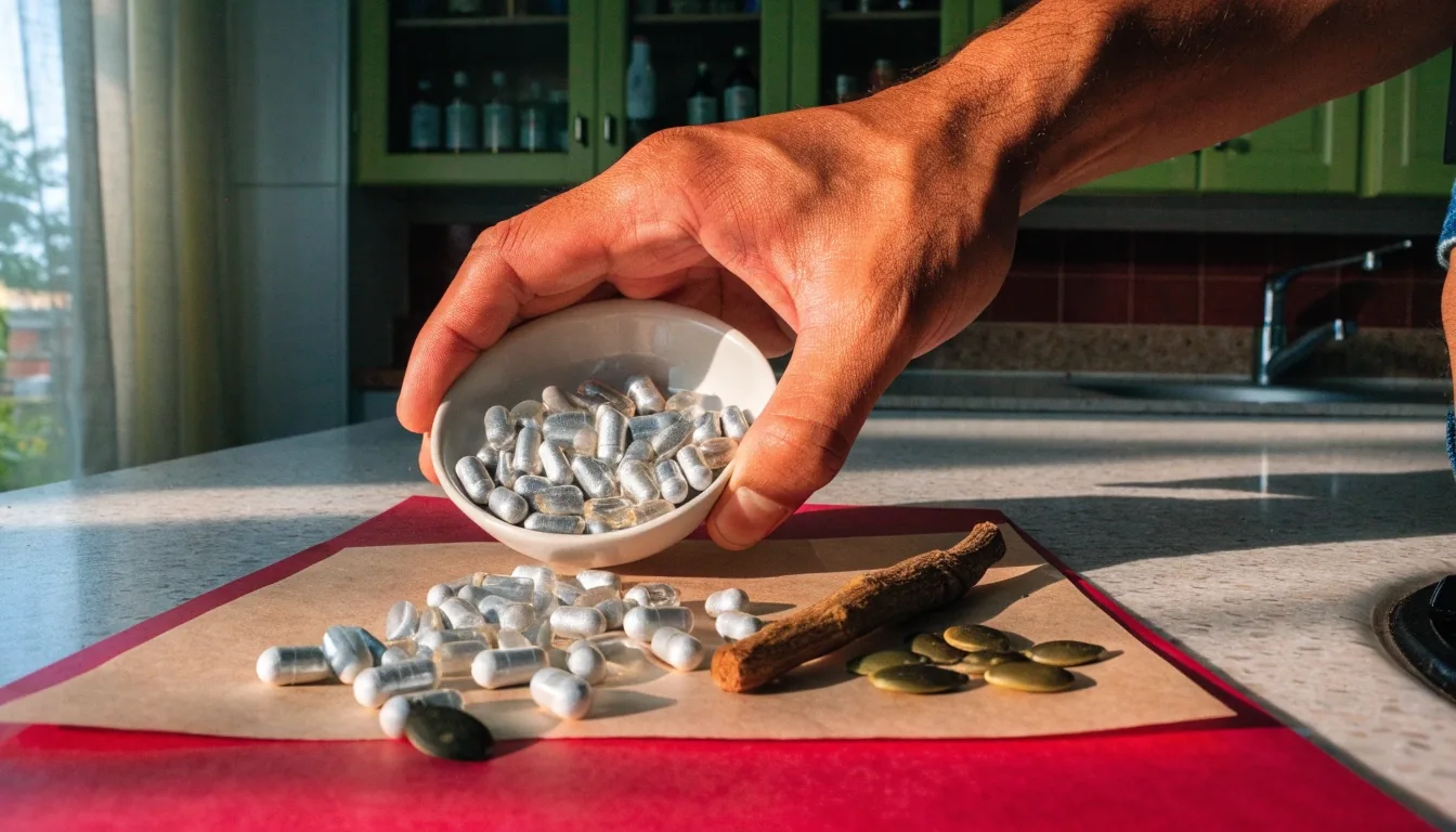 Magnesium caplets and zinc capsules arranged on a bone paper sheet over a magenta mounting sheet in raking sidelight