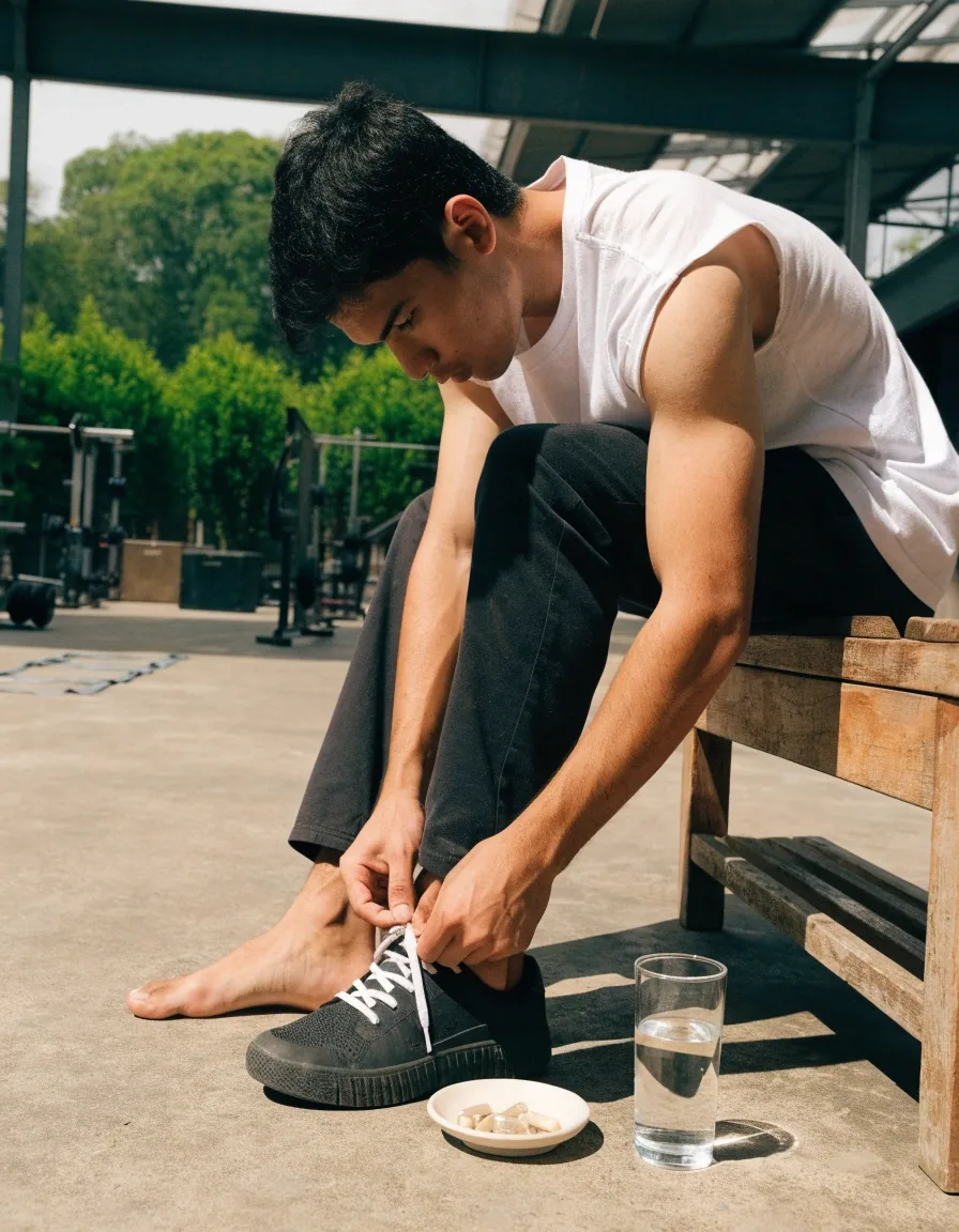 Man lacing a running shoe on a low doorway step with a small dish of capsules beside him in morning sidelight