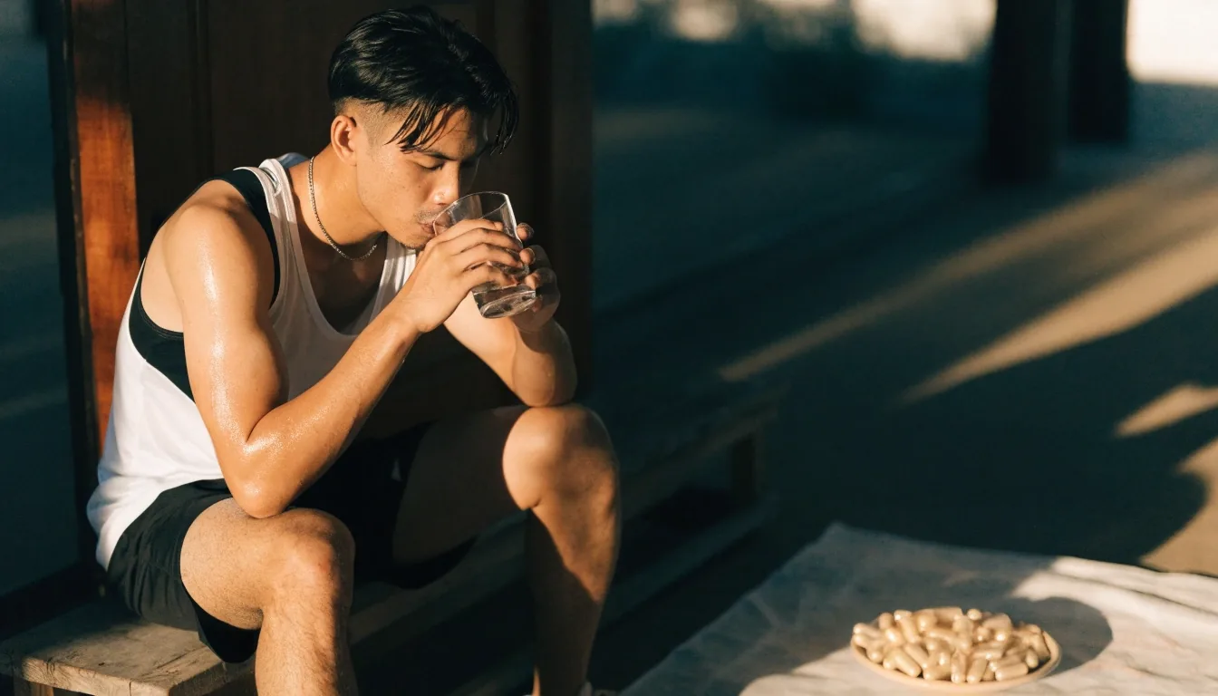 Man resting on a bench after a morning run with a glass of water and a small dish of mineral capsules beside him