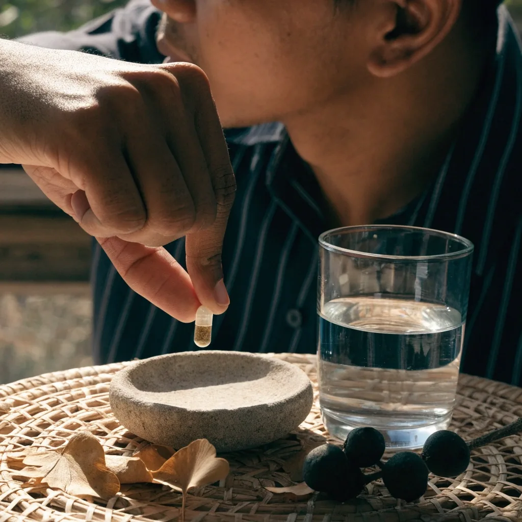 Small ceramic dish of capsules beside folded bone paper and a glass of water on a matte table in raking sunlight