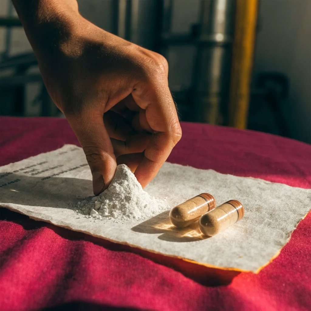 Two zinc capsules on bone paper over a magenta sheet with one capsule showing mineral powder
