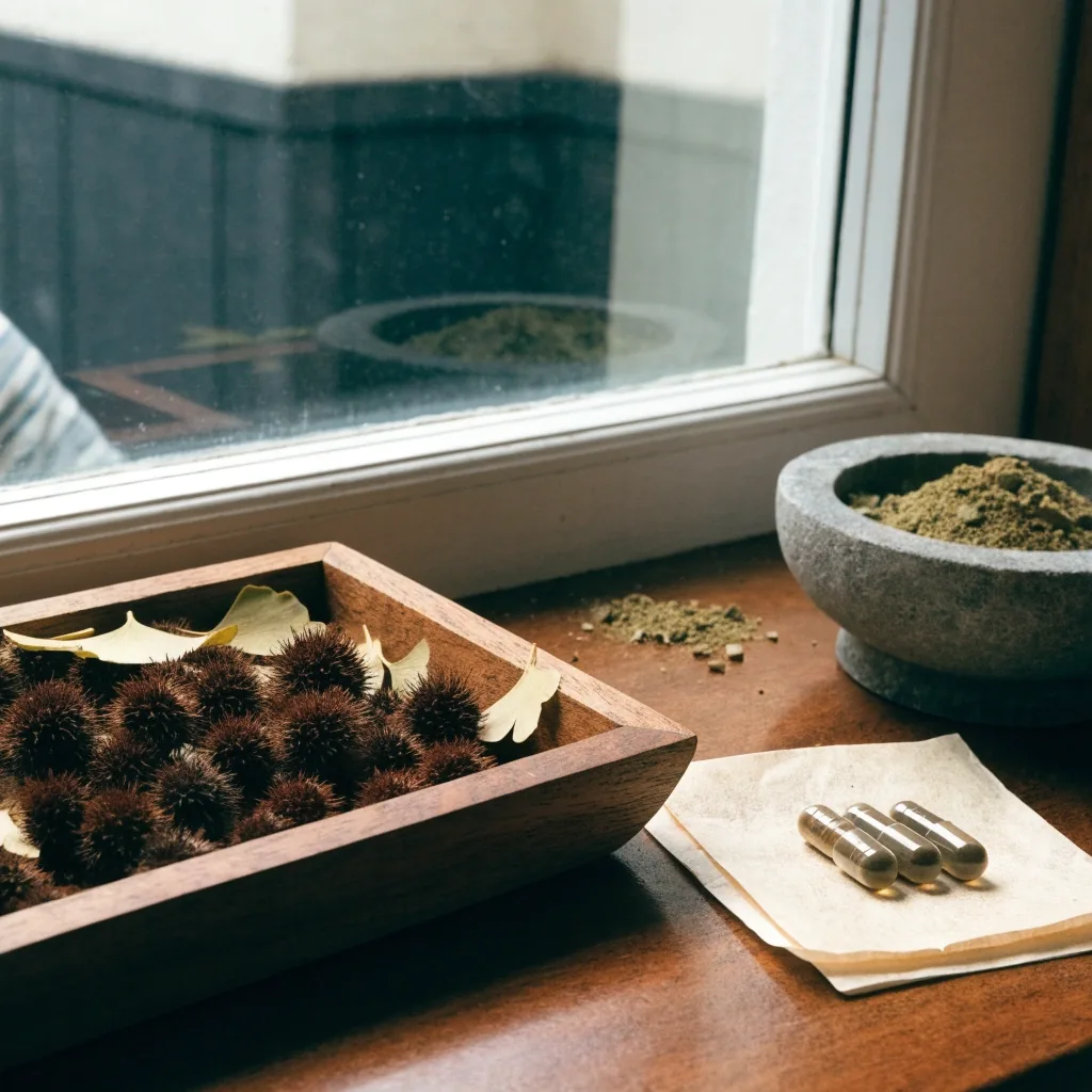 Interior corner with a shallow tray of dried botanical samples and capsules on a bone paper sheet