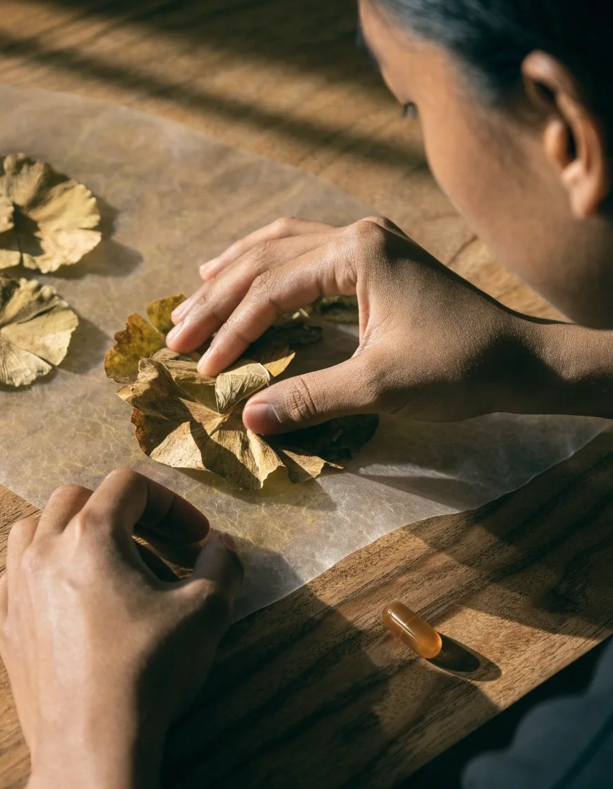 Pressed ginkgo biloba leaves beside a single capsule on a bone paper sheet