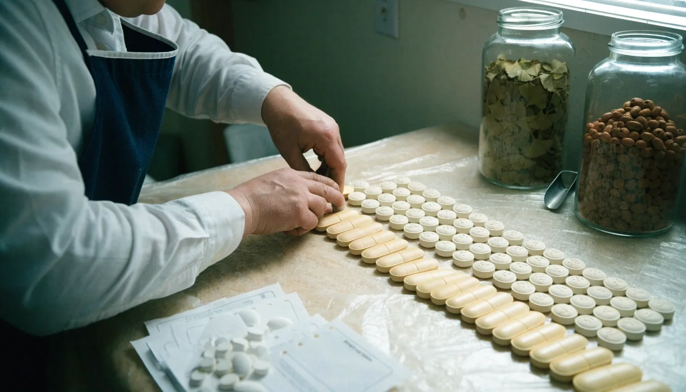 Broad daily men's multivitamin tablets laid in a row on bone paper with a pressed leaf beside them