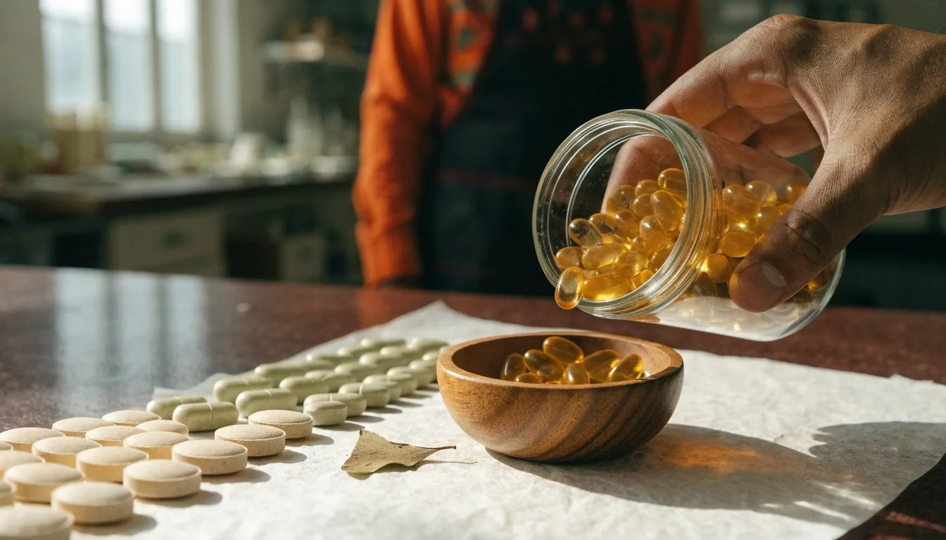 Complete mineral-rich men's multivitamin tablets arranged in a row on bone paper