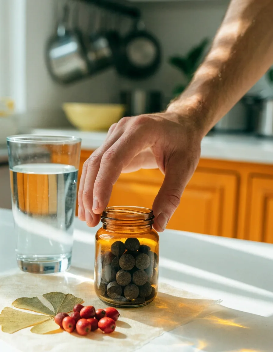 Daily men's multivitamin tablets beside a pressed ginkgo leaf and saw palmetto berries on bone paper