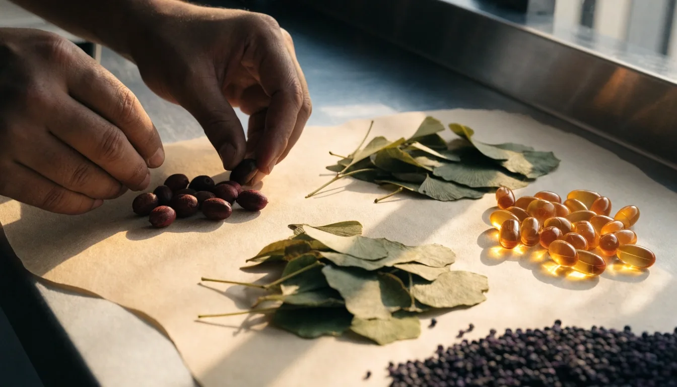 Herbal capsule ingredients — saw palmetto berries, pressed ginkgo leaf and grape seed on bone paper