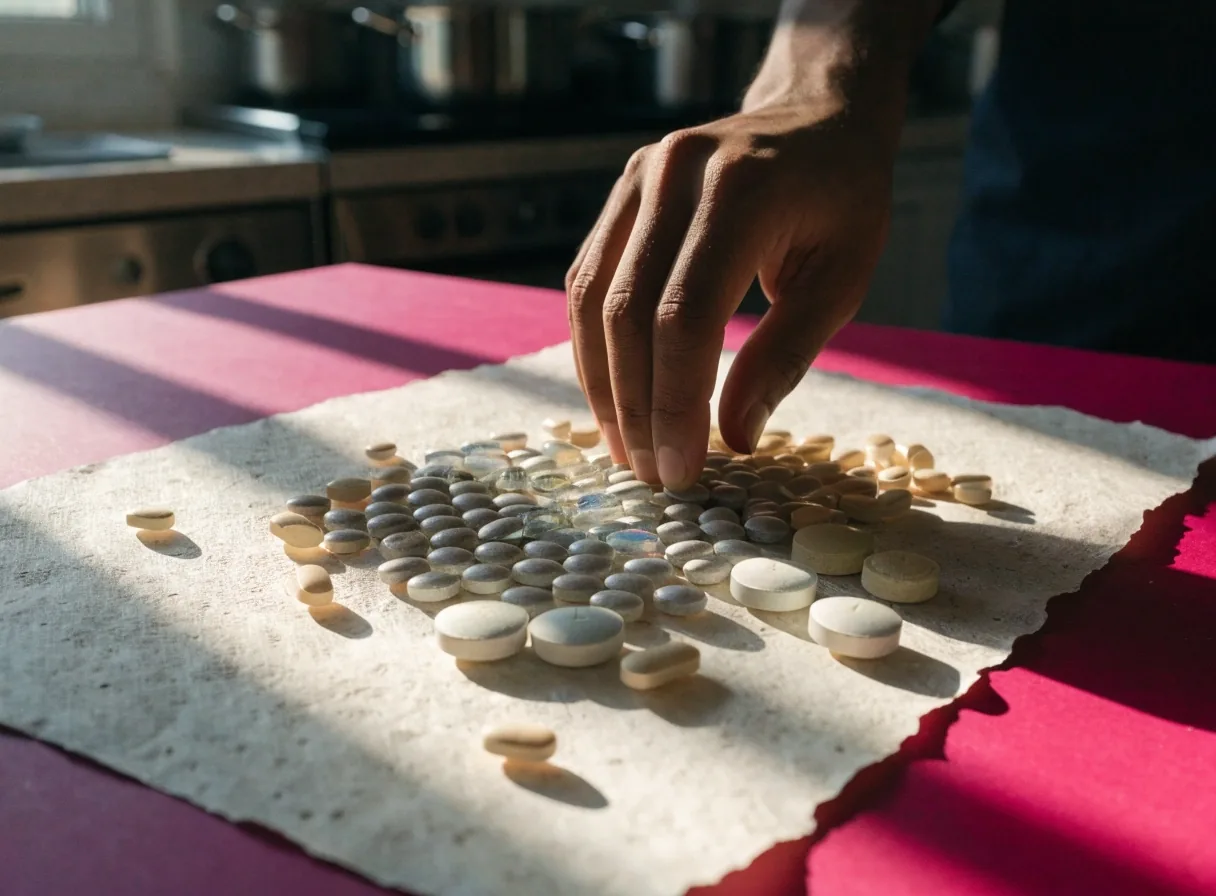 Magnesium caplets and zinc tablets grouped on bone paper over a magenta mounting sheet