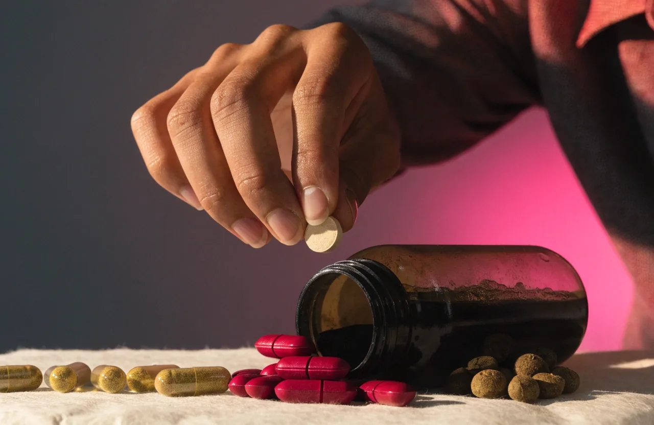 Daily men's multivitamin tablets, magnesium caplets and zinc capsules arranged on a bone paper sheet over a magenta mount, lit by low warm sidelight
