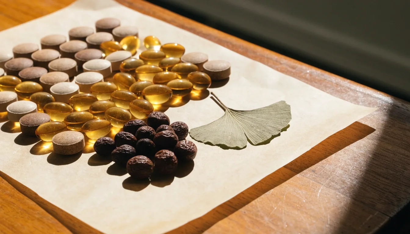 Pressed ginkgo leaf, saw palmetto berries and whole-food multivitamin tablets on bone paper over a magenta mount