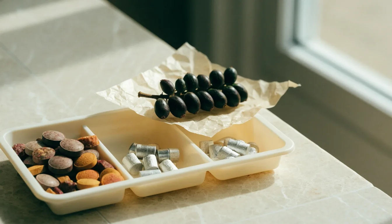 Mineral tablets and a pressed botanical leaf laid out on a bone paper sheet under warm raking light